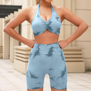 Conjunto de traje de Yoga Tie-Dye de verano para mujer, 2 uds., Sexy, cuello colgante, espalda expuesta, Sujetador deportivo con cintura alta, conjunto de pantalones cortos para levantar la cadera - Product Image 3