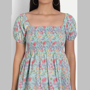Blusa de Algodón con Estampado Floral Azul Claro, Cuello con Volantes, Manga Media, Estilo Occidental Formal, Viscosa Rayón, Talla XL, Corta, para Primavera y Otoño - Product Image 5