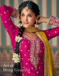 Costume de mariage exclusif en soie Chinon brodé multicolore avec Choli Salwar Kameez pour adultes - Product Image 5