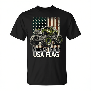 T-shirt Monster Trucks con bandiera USA, design promozionale per il 4 luglio - Product Image 2
