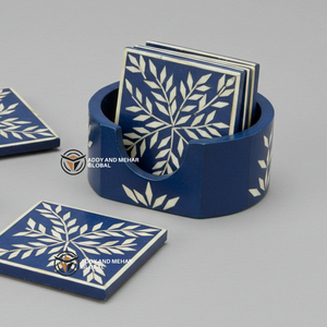 ชุดถาดรองแก้วฝังกระดูกสีฟ้าและสีขาวทำด้วยมือพร้อมที่วางแก้วเครื่องดื่มลายดอกไม้ซัพพลายเออร์อินเดีย - Product Image 6