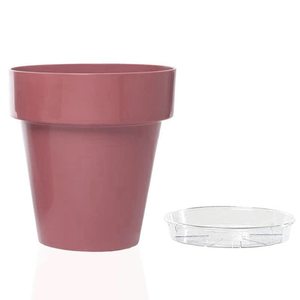 Vecchio piattino trasparente da 14 cm ed elegante in plastica resistente ai raggi UV con rosa/oliva/corallo e vasi da fiori e fioriere da 12 cm - Product Image 1