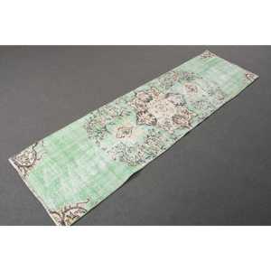Turkish Vintage Rug, 2x7.1 ft Rug, <b>Green</b> <b>Runner</b> Ikat Rug - Product Image 3