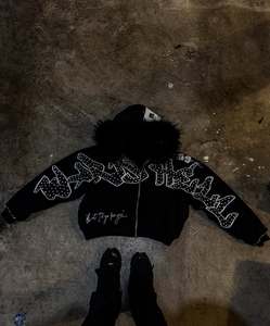 Sweat à capuche brodé zippé avec patch de sérigraphie avec LOGO à couture à mailles personnalisées Sweat à capuche de couleur avec strass - Product Image 3