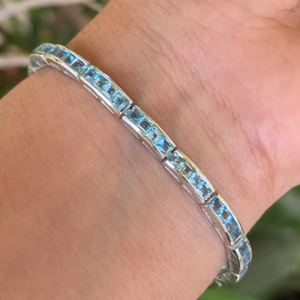 สร้อยข้อมือเทนนิสสีฟ้าบุษราคัมกำไลข้อมือ925แท้ตัวเรือนเงินโรเดียมชุบสำหรับเป็นของขวัญสำหรับงานเลี้ยง - Product Image 4