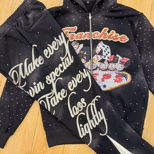 ชุดเซ็ตเสื้อฮู้ดซิปและกางเกงวอร์มทรงบานลายกราฟิกสไตล์สตรีทแวร์ แต่งคริสตัล ล้างสีแบบแอซิดวอช สำหรับผู้ชายและผู้หญิง - Product Image 2