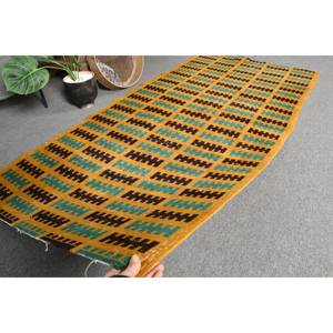Alfombra turca Vintage bohemia de 3,1x6,4 pies, diseño de retazos verde amarillo, técnica de tejido plano de látex de lana para pasillo de entrada - Product Image 5