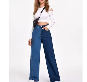 Pantalones de mezclilla azules para mujer personalizados Cremallera recta Fly Pierna ancha Longitud completa Cintura media Lavado de dos tonos para la temporada de invierno Transpirable - Product Image 5