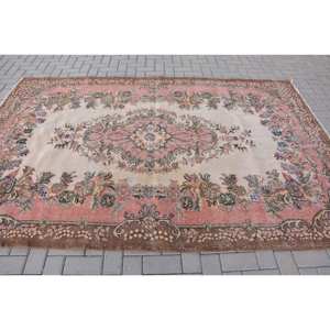 Alfombra turca vintage clásica rosa beige 6,2x9,3 pies tejido de retazos de lana para sala de estar respaldo de látex patrones de rompecabezas rectangulares - Product Image 3