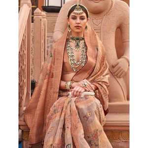 ผ้าซารีออร์แกนซ่าทอลายพีชซาอิร์สุดหรูพร้อมเสื้อคลุมสำหรับงานแต่งงาน - Product Image 4