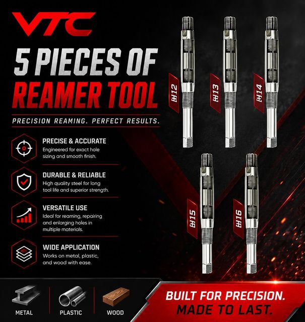 5 Piece Reamer Tool Set Precision Hole Sizing Handheld Reaming Tool for Metal Plastic and Wood