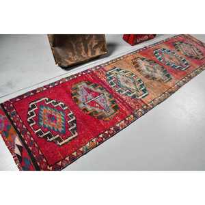 2.9x11.5 ft Vintage Turkish Rug, <b>Runner</b> Rug, <b>Red</b> Herki Oriental Rug - Product Image 2