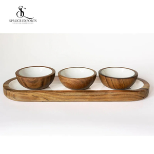 Best-seller Plateau de service moderne ovale en bois 3 bols en émail blanc pour Diwali Ramadan Mariage Décoration intérieure Service multifonctionnel - Product Image 1