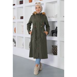 Manteau trench long pour femme, style vintage, avec détails lacés, fermeture éclair, double boutonnage, boutons en fourrure, imprimé vintage, automne/hiver - Product Image 1