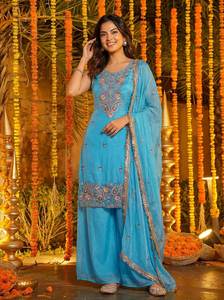 En stock, Salwar Kameez Dupatta de créateur non cousu, en tissu de pure soie style afghan, avec broderie miroir et bordure coupe droite, pour soirée - Product Image 5