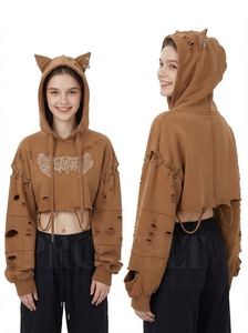 Sudadera con Capucha Corta Personalizada con Logotipo 2026, Estilo Urbano Desgastado, Sudadera con Capucha EAR de Moda, Sudadera con Capucha Gruesa de Algodón Pesado - Product Image 4