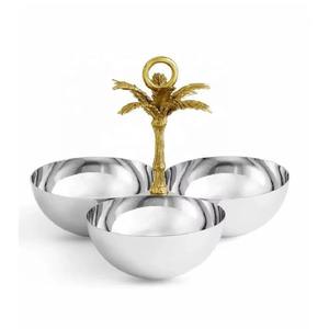 Tazón DE SERVICIO DE ACERO INOXIDABLE triple con Palmera moderna, Plato decorativo de Metal para frutos secos, aperitivos y dulces, perfecto para uso en el hogar o en fiestas - Product Image 1