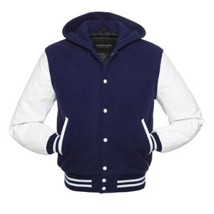 Veste pour homme personnalisée Corps en laine et bras en cuir Veste universitaire rouge à capuche personnalisée Première rangée Varsity Lettermen Jacket - Product Image 3