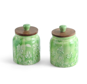Green Keepers Multi-Utility Storage <b>Jars</b> & Containers In Ceramic With Wooden Lid Set of 2 Hand-Embossed <b>Airtight</b> - Product Image 6