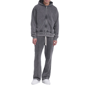 High Quality Customized Zip up Vintage Washed Pullover Wide Leg <b>Pant</b> Set Loose Boxy Cropped Man Hoodie - Product Image 5