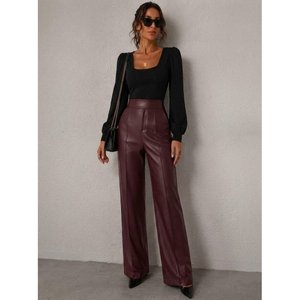 Pantalon en cuir taille haute pour femme avec poches et ourlet légèrement évasé, 37371 - Bordeaux - Product Image 2