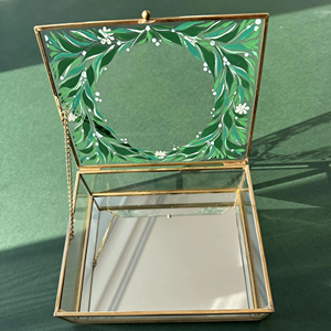 Dernière boîte à bagues en verre peinte à la main Organisateur de bijoux en métal de verre Cadre polonais antique pour les fiançailles de mariage d'anniversaire - Product Image 1