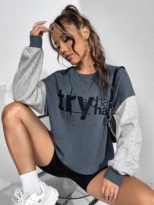 Sweat-shirt ample en coton pour femme, collection hiver 2026, 100 % coton, manches longues, col rond, tricoté décontracté avec imprimé lettres - Product Image 2