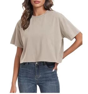 T-shirts courts d'entraînement surdimensionnés pour femmes col rond manches courtes décontracté ample été culture t-shirts hauts coton - Product Image 3
