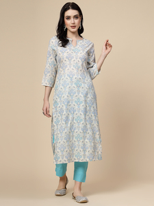 ผู้หญิงออกแบบสีฟ้าพิมพ์เรยอน Kurta กางเกงชุดชุดสํานักงานและสวมใส่ปกติในราคาขายส่งที่ดีที่สุดที่ - Product Image 3