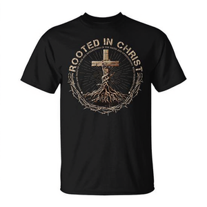 Camiseta promocional con la cruz cristiana Rooted in Christ Jesus - Product Image 2