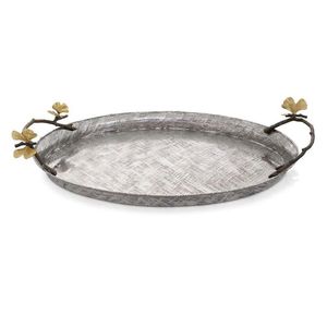 Elegant handcrafted metal serving <b>tray</b> with intricate floral design perfect for luxury dining <b>table</b> and home decoration - Product Image 3