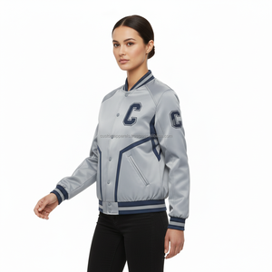 Chaqueta Bomber Casual de Satén para Mujer, con Bordado, Cierre de Botones Cubiertos, Tela de Poliéster, Mangas Raglán, Resistente al Viento, Estilo Universitario de Verano - Product Image 3