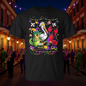 T-shirt Mardi Gras con Alligatore, Pellicano e Gambero di Fiume Marrone dalla Louisiana - Collezione ABC T-shirt Promozionali Premium - Product Image 3