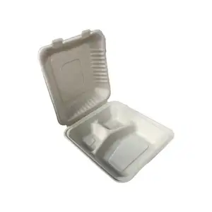 1000ml 3 compartimentos Clamshell Biodegradable Bagazo Compostable para llevar Contenedor de embalaje de alimentos desechable