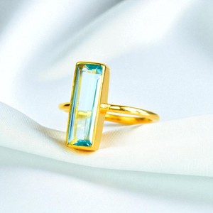 Blue Topaz Quartz Rectangle Bar Bezel <b>Rings</b> | Handmade Gold Plated Band <b>Rings</b> | Minimalist Plain Stackable Jewelry - Product Image 1