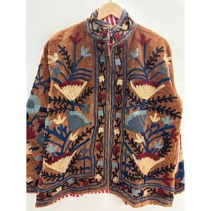 Marwar Bloom <b>Reversible</b> Suzani Embroidered Velvet <b>Jacket</b> for Rust Amber with Indigo & Ivory Florals Autumn Winter Coat Boho - Product Image 1