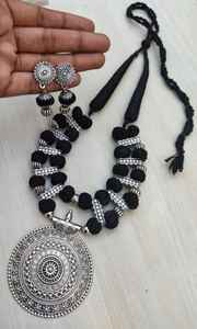 Cuentas de plata oxidadas alemanas hechas a mano con colgante redondo y Bola de hilo de algodón collar de hilo ajustable para mujer - Product Image 3