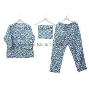 Indien Vintage main bloc imprimé 100% coton pyjama ensemble col rond col tournant Floral doux été vêtements de détente/vêtements de plage à la main - Product Image 1