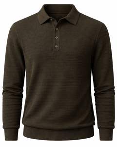Pull en maille texturée fine pour homme personnalisé, manches longues, col boutonné, décontracté, pull d'hiver en olive foncé - Product Image 1