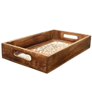 Plateau de service en bois de manguier artisanal avec poignées, style vintage, plat unique sculpté à la main avec incrustations blanches pour la décoration de la maison - Product Image 3