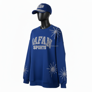 Sudadera Extra Grande para Mujer, Mezcla de Algodón y Felpa, Azul, con Pedrería, Diseño Brillante con Logotipo Personalizado Termoadhesivo, Sudadera Transpirable para Mujer - Product Image 4