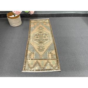 Turkish Vintage Rug, Small 1.3x3.5 ft (41x107 cm) Rug, <b>Brown</b> Moroccan <b>Wool</b> Rug - Product Image 3