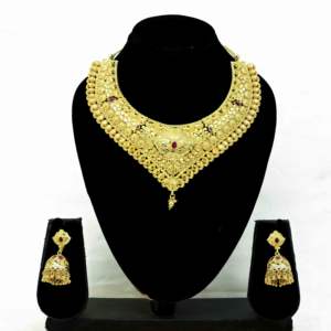 Ensemble de bijoux en laiton plaqué or 14K 18K 24K pour femmes, motif floral, collier et boucles d'oreilles traditionnels, bijoux de mariage - Product Image 2