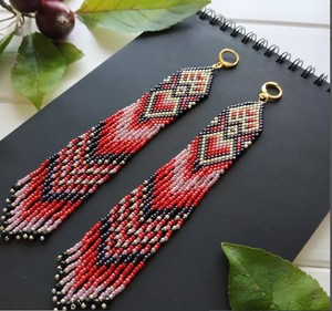 Super Long Beaded Earrings Mother's Day Gift Earrings Geometric Red Earrings Shoulder <b>duster</b> Fringe Earrings Red Gold Seed Bead - Product Image 2