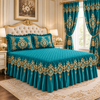 Vente en gros usine : Ensemble de literie 5 pièces à motif floral avec jupe de lit et rideaux, design en dentelle matelassée, literie personnalisée OEM ODM