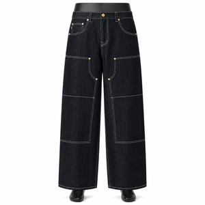 Jeans en denim noir à jambes larges sur mesure, pantalon cargo ample de haute qualité avec surpiqûres contrastées - Product Image 1