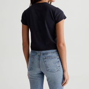 Camiseta recortada de manga corta holgada con cuello redondo para mujer, camiseta ajustada negra personalizada, proveedor superior transpirable de alta calidad para mujer - Product Image 5