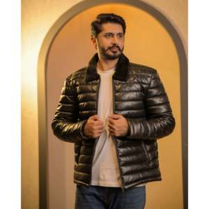 SF004 <b>Reversible</b> Lamb Skin Genuine Leather Puffer <b>Jacket</b> Casual Winter XS Size with Zippered Closure Patchwork Pattern Black ODM - Product Image 2
