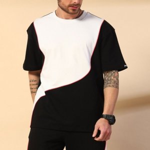 Camiseta Blanca Negra para hombre con mangas caídas en los hombros Longitud regular Cuello Color bloqueado 100% algodón Diseño de talla grande Hecho India - Product Image 1