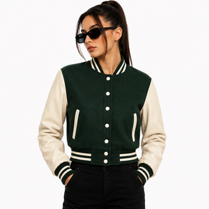 Navy <b>Pink</b> PU Leather Varsity <b>Jacket</b> Regular Fit Turn-down Collar Preppy Style Single Button Closure Unisex Autumn Wear - Product Image 2